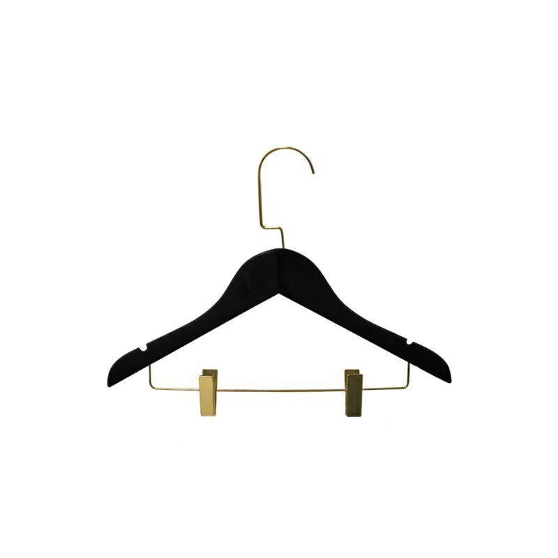 Cabide Infantil de Madeira com Presilhas Preto Gancho Dourado